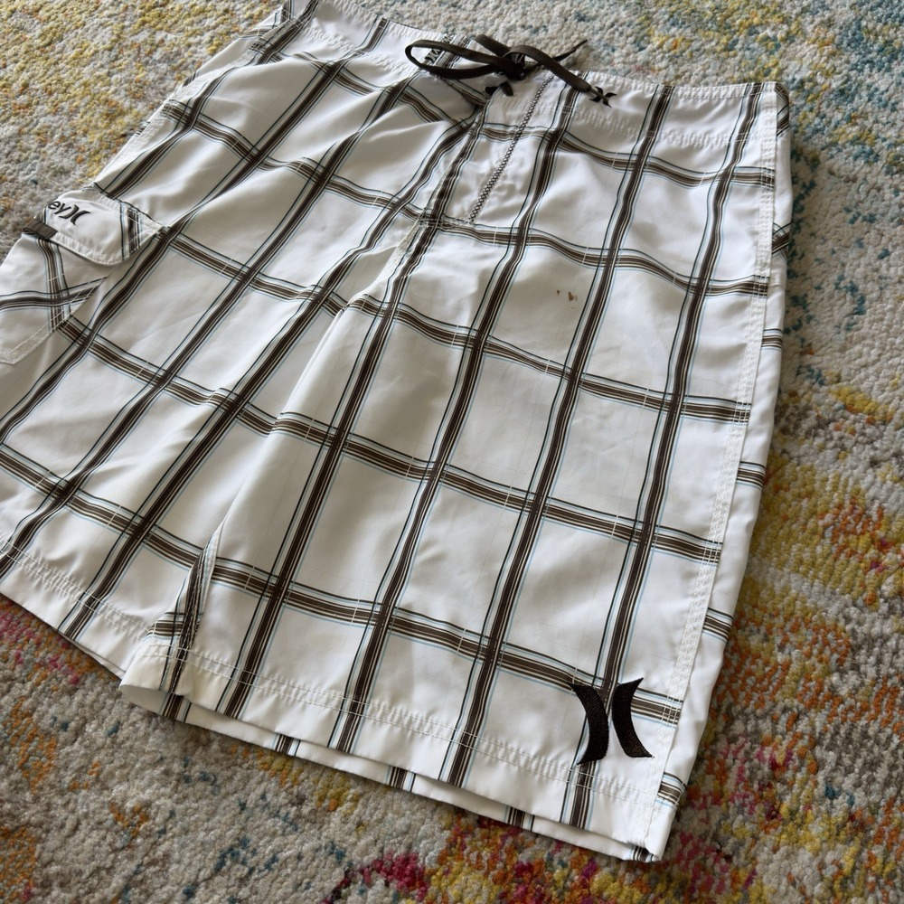 Y2K 2000s Surf Hurley‎ Plaid Board Shorts White Brown Size 34